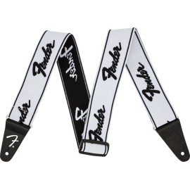 Fender® WeighLess™ 2" Running Logo Strap, White/Black